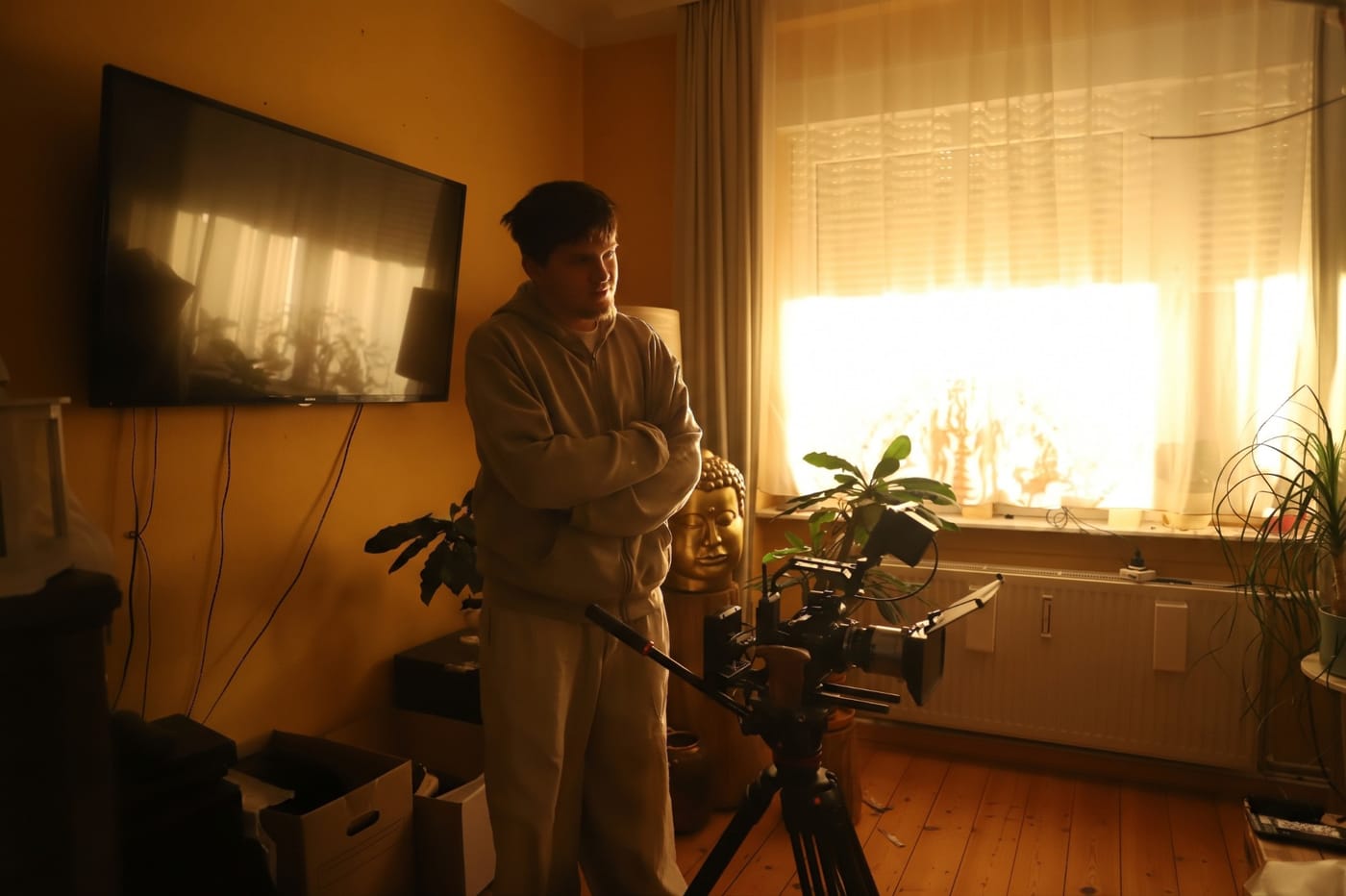 Kameramann neben der Kamera in einem warm beleuchteten Wohnzimmer